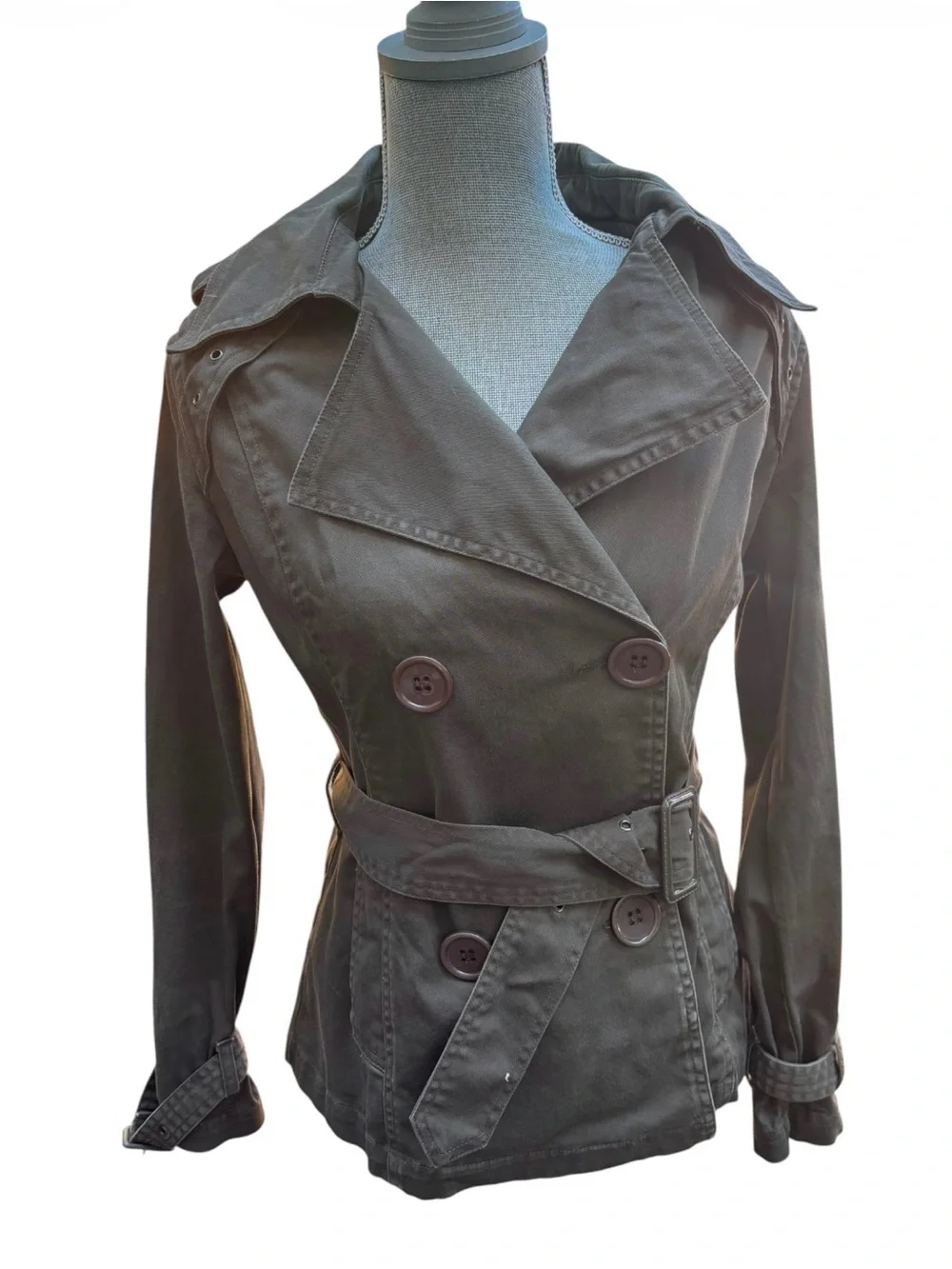 Prisca One Olive Green Cotton Blend Short Trench Coat Utility Grunge Neutral